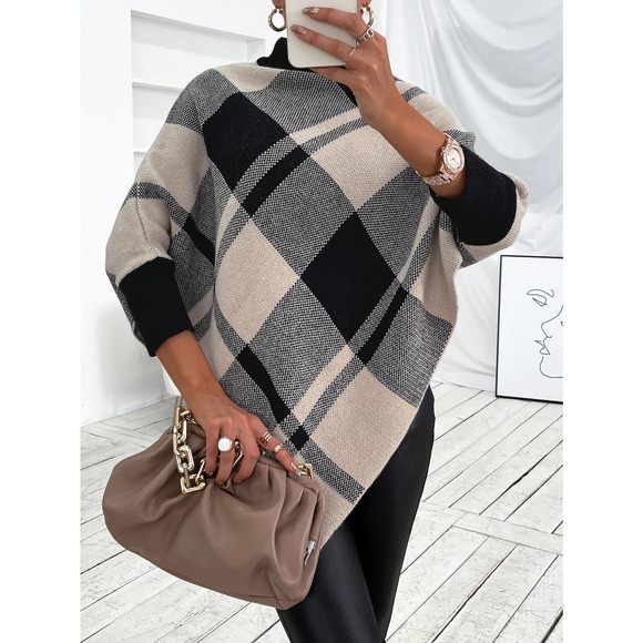 Mock Neck turtleneck Plaid Knit Poncho sweater cardigan black cream preppy boho - Picture 5 of 6